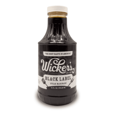 A bottle of Wicker's Black Label Steak Marinade