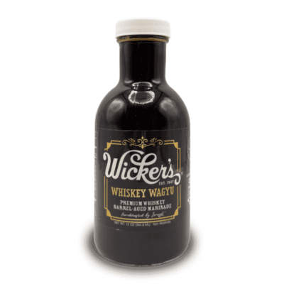 A bottle of Wicker's Whiskey Wagyu Marinade